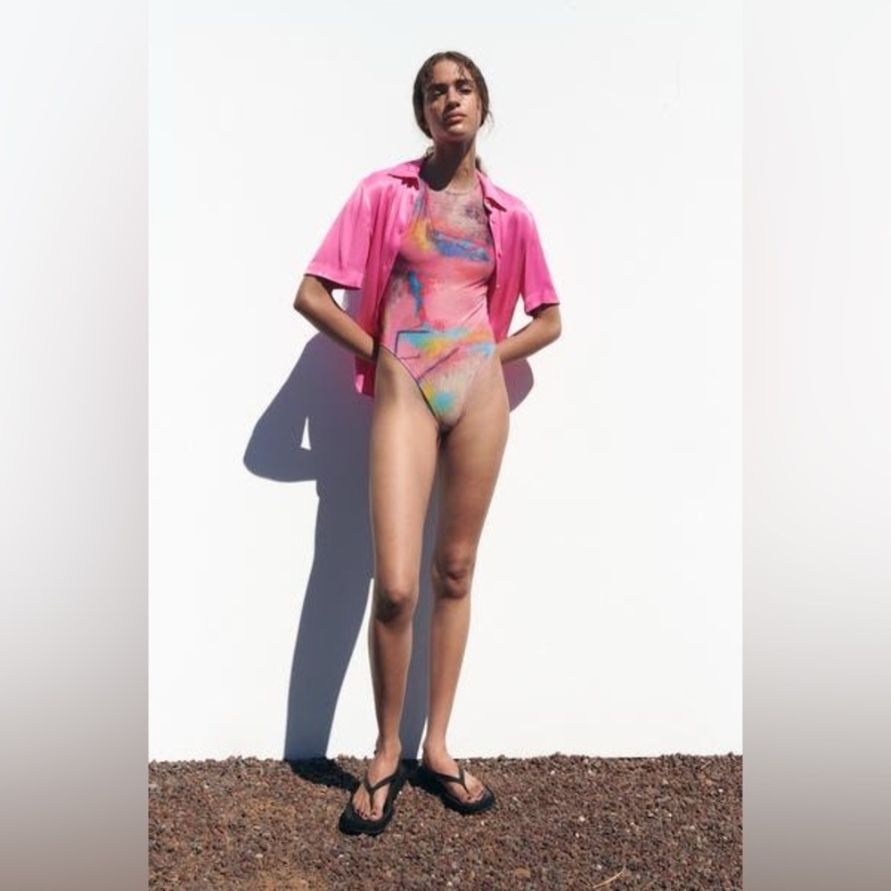 Zara / David Pher Pink Mesh Printed Bodysuit